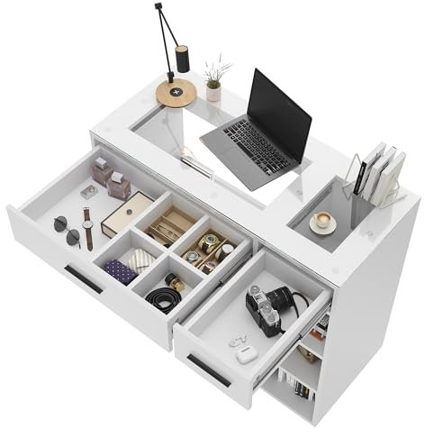 SONNI Escritorio, mesa de ordenador con tablero de cristal y espacio de almacenamiento, mesa de oficina con 2 cajones y 3 compartimentos, mesa multifuncional como tocador, mesa de trabajo, escritorio