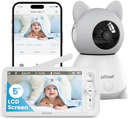 ieGeek 2K Baby Monitor with Camera and Night Vision, Video Baby Camera with 5 Screen, Two-Way Talk, Cry & Motion Detection, Temper& Humidity Sensor, PTZ, Remote Control via Screen and Free APP