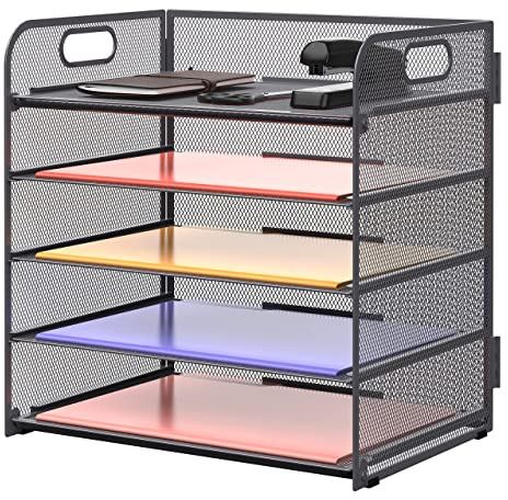 SUPEASY 5 Trays Paper Organizer Letter Tray with Handle-Mesh Desk File Organizer, Paper Sorter Desk Organizer for Office, Home or School, Grey