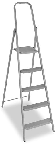 Escalera plegable de 5 niveles + carga de 150 kg + escalera de acero compacta con peldaños antideslizantes para casa y jardín para artesanos SPRINGOS