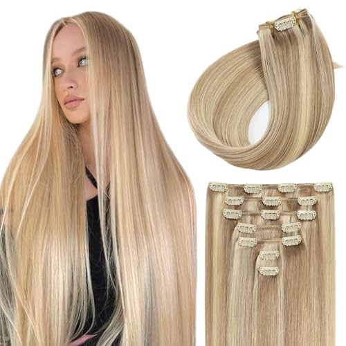 Sunya Clip in Extensions Echthaar Aschblond Mit Platinblond Invisible Echt Haar Extension Clip in 30cm 7 Pcs 70g/Pack Semaless Glattes Haar