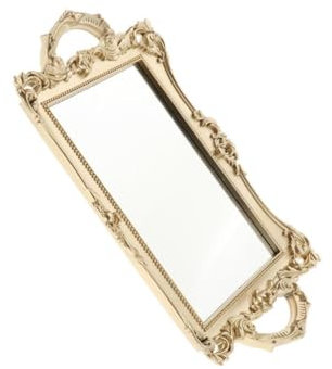 AMSLSIU Vintage verspiegeltes Schminktablett, zartes Schmuck Parfüm Dekor Tablett, Gold
