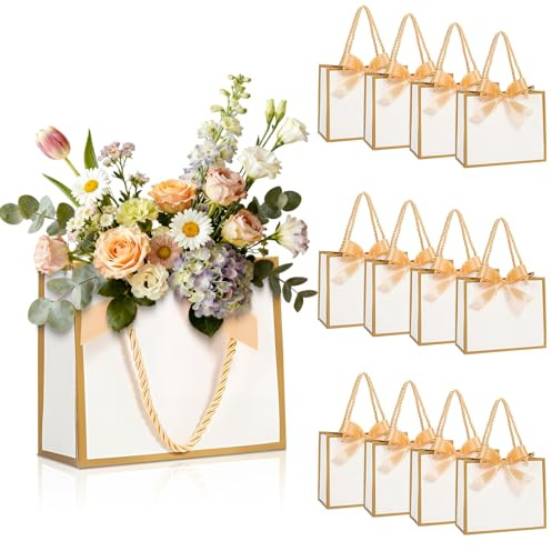 12 Stück Geschenktüten mit Gold Schleife, Geschenktasche Papiertüten, Geschenkverpackung Geburtstag für Hochzeitsfeiern Brautpartys Babypartys Weihnachten