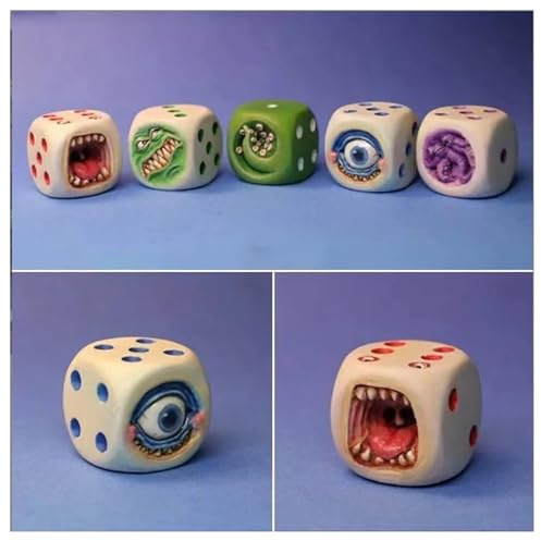 BrightGlow Monster-Würfel 5-teiliges Kunstharz-Würfel-Set Vintage-Muster Würfelset Totenkopf-Muster Rollenspiel Würfelset Lustige Monstergesichtswürfel für Familien, Spiele, Tischspiele Bunt#1