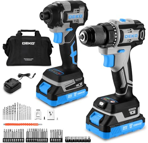 DEKOPRO 20V Cordless Drill and Impact Driver Set – 2x2.0Ah Batteries, 2.2A Rapid Charger, 42-Piece Screwdriver Bits, 9-Piece Sockets, Storage Bag, Blue