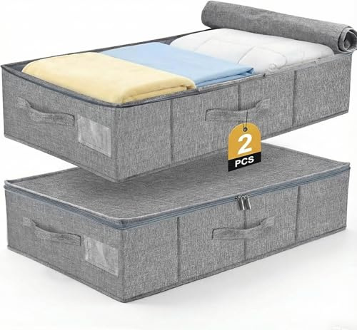 Toyzy 2er Set Unterbett Aufbewahrungsbox 17cm Hoch -Unterbettkommode | Decke aus Leinenmaterial, 3 Griffen + Doppelreißverschluss, Bettkasten Aufbewahrung für Bettwäsche und Saisonale Kleidung