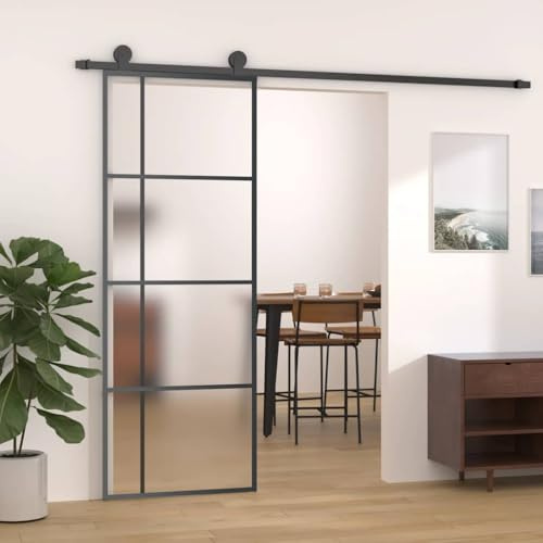 Ordellia Porta scorrevole in vetro ESG satinato con telaio in alluminio nero, 90 x 205 cm, porta con inserto in vetro per ingresso di appartamento, porta di casa, porta d'ingresso laterale, con