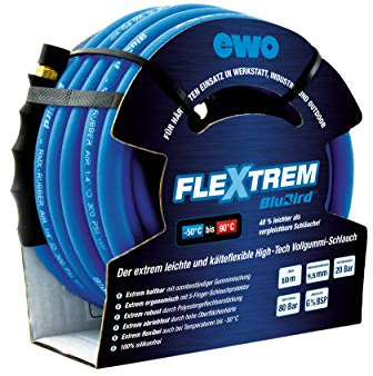 ewo Druckluftschlauch FleXtrem BluBird | Premium Voll-Gummischlauch mit High-Tech-Gewebe, extra-leicht, Innen-ø: 9,5 mm, Wandstärke: 3 mm, G 3/8 BSP, 20 m-Rolle, max. 20 bar Betriebsdruck