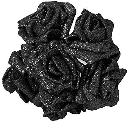 Full Glittered Foam Roses! Artificial Flowers Bling Glittery Shiny Fake Silk[Black]