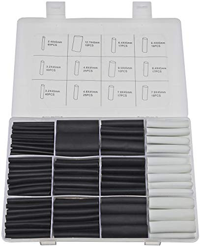 ChiliTec Schrumpfschlauch-Sortiment 300 teilig I Innen Kleber I Schrumpfrate 3:1 I 45mm lang I 7 Größen I 2 Farben Weiß + Schwarz