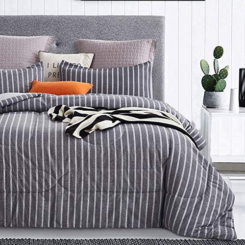 ATsense Bettwäsche-Set für King-Size-Bett, 3-teilig, 100 % Baumwolle, weiche Mikrofaser gefüllte Bettwäsche, leichte Wendebettwäsche (grau gestreift, YS003)