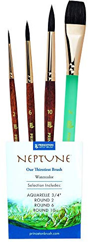Princeton Neptune 4750 Series Lot de 4 pinceaux d'aquarelle synthétiques Souples avec Poils d'écureuil, Aquarelle 1,9 cm, Rond 2, 6 et 10, pinceaux de Peinture d'artiste