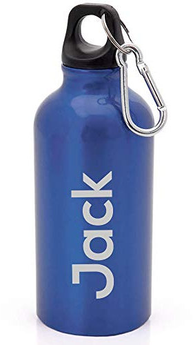 eBuyGB Personalised Any Name Lightweight Reusable Custom Engraved 400ml Aluminium Sports Water Bottle with Screw Cap & Carabiner (Blue - Modern)