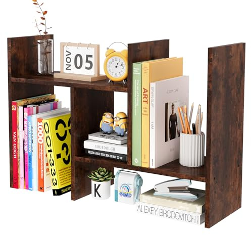 EasyPAG Kleines Schreibtisch Regal Holz Freistehend Bücherregal Verstellbar Schreibtisch Organizer Ständer Bürobedarf Ablage Display Regal,Braun