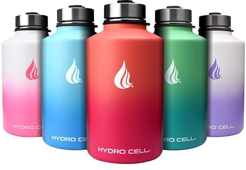 HYDRO CELL Edelstahl-Wasserflasche mit Strohhalm & Weithalsdeckel (64oz 40oz 32oz 24oz 18oz 14oz) - Isoliertes, schweißbeständiges Sportdesign (Koralle/Punch - 64oz)
