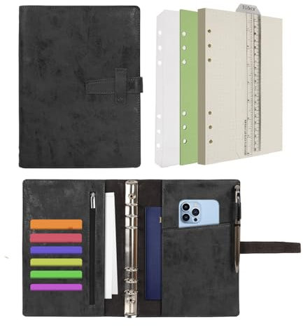 Wonderpool Diari in Pelle 6 Raccoglitore ad Anelli Organizer per Cartelle con Carta Punteggiata, Quaderno Scrivere Ricaricabile e Copertina Multitasche per Viaggi di Lavoro e Studio (A5, Nero)