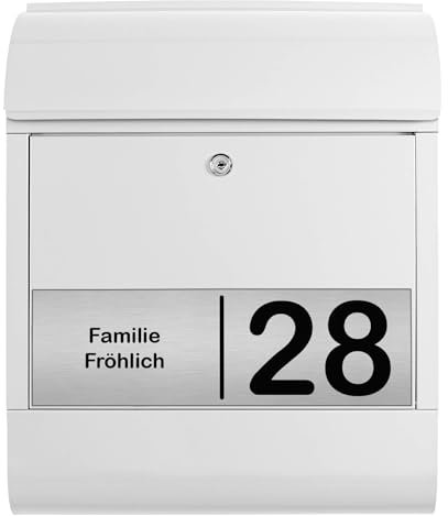 Banjado® Personalisierter Briefkasten Mit Graviertem Namensschild in Silber - Weiß 39x47x14cm - Mit Hausnummer, Namen & Motiv Gravur 2 - Mit Zeitungsfach