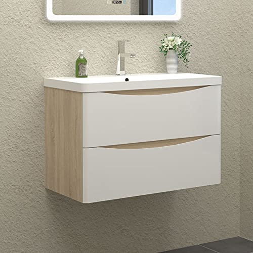 HAPAOSO Waschtisch mit Unterschrank 80 cm Breit Weiss + Holzfarbe Badmöbel Set Hängend 2 Soft-Close Schubladen MDF-Platte