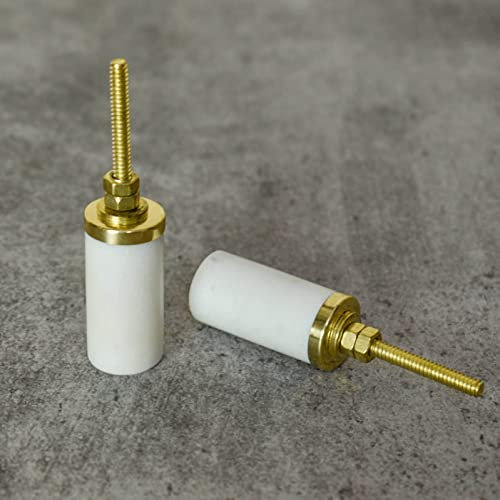 India House White Cabinet Cylindrical Pull Handle/White Marble and Brass Drawer Pull/White Marble Door Handle/Marble Furniture Hardware (Set of 6 knobs)