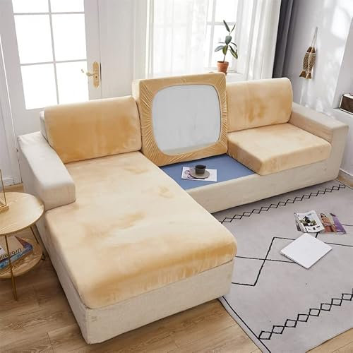 MINGPINHUIUS Weicher Samt Sofakissenbezug - Stretch Anti-Rutsch Sofabezug Couch Kissenbezüge für Sektionssofa L-Form, Sofakissen Schonbezug Möbelschutz (Beige Gelb, Großer Einzelsitzbezug)