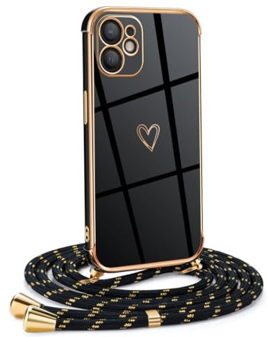 Mkej Frauen Mädchen Handykette Kompatibel mit iPhone 12 - Silikon Hülle mit Band - Handyhülle für iPhone 12 Herz Love Design Galvanik - Hülle mit Kordel in schwarzes Gold