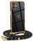 Mkej Frauen Mädchen Handykette Kompatibel mit iPhone 12 - Silikon Hülle mit Band - Handyhülle für iPhone 12 Herz Love Design Galvanik - Hülle mit Kordel in schwarzes Gold