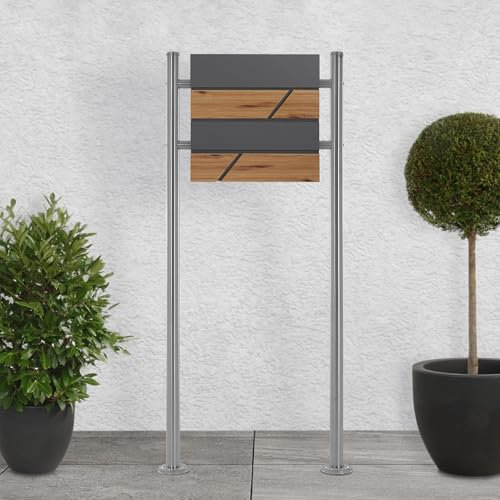 ECD Germany Standbriefkasten mit Zeitungsfach, Design Briefkasten mit Pfosten, Briefkastenanlage, Briefkastenständer Silber metallic 120 cm aus Edelstahl, Postkasten in Anthrazit-Holzoptik aus Stahl