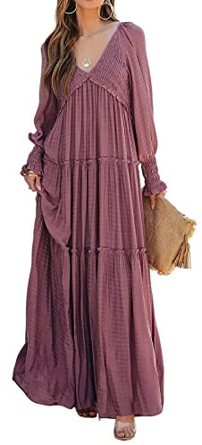 R.Vivimos Long Sleeve V Neck Maxi Dress for Women Smock Tiered Ruffle A Line Flowy Long Dresses(Medium,DarkRose)