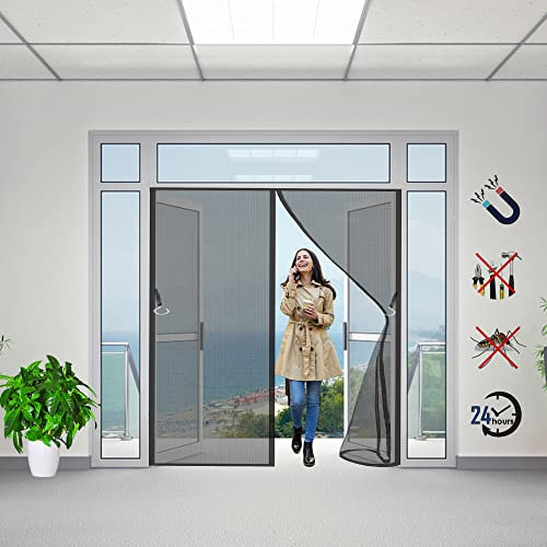 Moustiquaire porte Magnétique, 215x180cm Moustiquaire à Fermeture Aimantée Moustiquaire porte Fenetre Rideau Maille Fine avec Rubans Adhésifs Facile à installer pour Couloirs Portes Patio (Noir)
