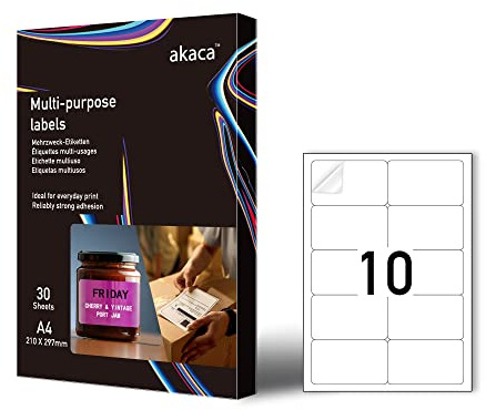 akaca Universal Etiketten Namensetiketten Selbstklebend Bedruckbar Matt Blanko Papier Klebeetiketten Aufkleber weiß für Laser- und Tintenstrahldrucker (10 pro Blatt | 30 Blatt)