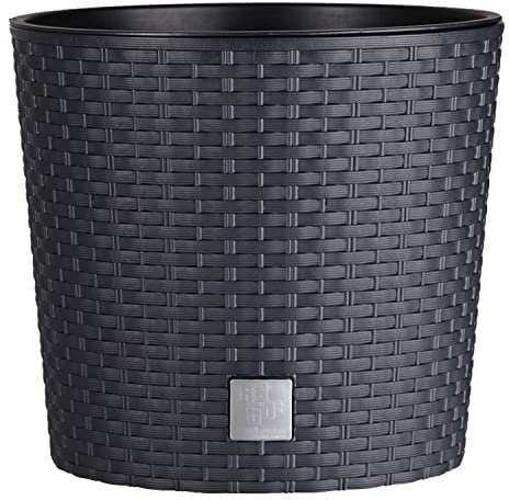 Tymar Blumentopf mit Einsatz, Gross, Rattan, Blumenkübel aus Kunststoff, Übertopf, Runde Form, Innen- und Außenbereich (Anthrazit niedrig, ø 25 cm)