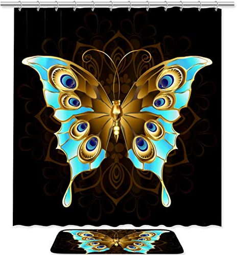 KQNZT 2-teiliges Bauernhaus-Duschvorhang-Set, Badezimmer-Sets mit Duschvorhang und Teppichen, rustikales Badezimmer-Dekor, Badezimmer-Zubehör, Teppiche, Matte,Goldener Türkis Schmetterlings Mala