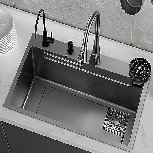 Fregadero de Cascada para Cocina, Fregadero Integrado de Acero Inoxidable 304 con Grifo extraíble, Lavabo para Verduras y Fregadero para lavavajillas (780x450mm)
