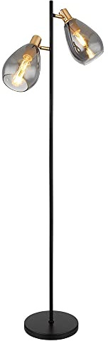 Stehleuchte Stehlampe Rauchglas Wohnzimmer Glas Retro Standleuchte schwarz, Metall messing, 2x E27 Fassungen, LxBxH 34x25x160 cm