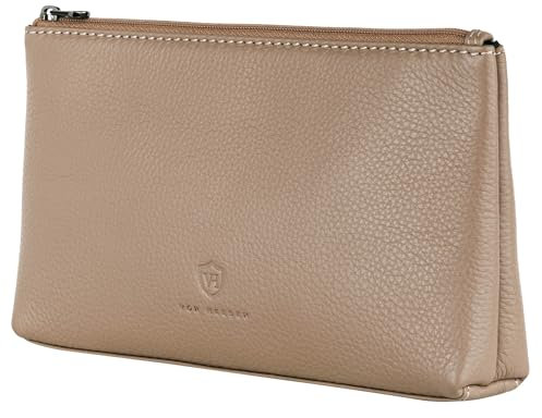 VON HEESEN Echtleder Kosmetiktasche für Damen & Herren - Kulturbeutel aus echtem Leder - Kulturtasche und Waschtasche für Männer und Frauen in Taupe