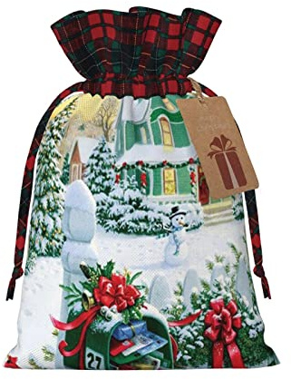 Festive Burlap Drawstring Christmas Mailbox And Gifts Gift Bag - Vibrant Colors With Scottish Plaid Pattern