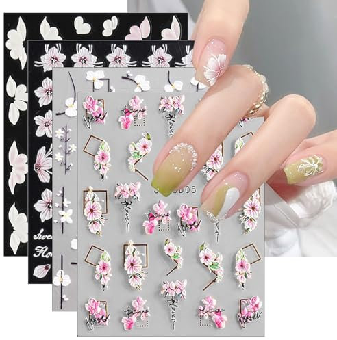 JMEOWIO 3D Nagelsticker Frühlings Blume Nail Art Sticker Selbstklebend Nagelaufkleber 5D Stereoskopisch Sommer Blumen Dekoration Nageldesign Zubehör 4 Blatt