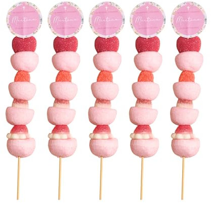 Onza Brocheta de chuches y golosinas de Comunión con pegatina personalizada. Recuerdo de Comunion con chuches. Etiqueta personalizada comunión con Nombre y Fecha. (Rosa, 10 unidades)