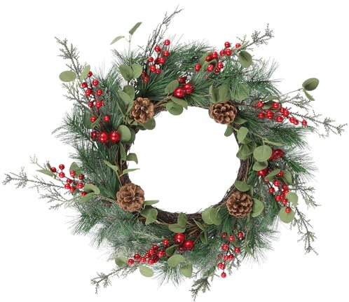 Enyhom Künstliche Weihnachtskränze, 55cm/22in Haustür Kranz mit Roten Beeren Tannenzapfen Weihnachtskranz Tür Weihnachten Groß Weihnachtsdeko Türkranz für Tür Kamin Wand