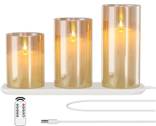 Evglim Rechargeable LED Candle Lights Glass Flameless Candles, Flameless Flickering Lights with Remote Control 2/4/6/8-hrs Timer Function, Flickering Candles Set of 3 x H4''/5''/6''' - Warm Yellow