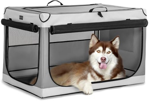 Petsfit Hundebox faltbar für große Hunde, Zimmerkennel Hund Hundebox für Zuhause Verstellbares Design Hundetransportbox Auto, Reißfeste Netzfenster (XL, Lichtgrau)