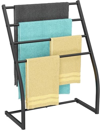 Honiter Towel Racks for Bathroom, 4 Tier Free Standing, Black Metal Towel Bar Stand, Blanket Ladder Holder, Drying and Display Rack for Oversized Bath Towel