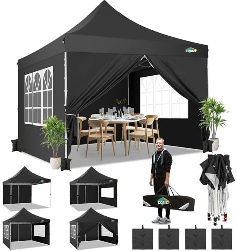 COBIZI Pavillon 3x3 Faltpavillon EZ Pop-Up Zelt mit 4 Seitenwänden, wasserdicht und UV 50 + Schutz für Camping, Partyzelt Gartenzelt klappbar 3x3m mit 4 Sandsäcken, Schwarz
