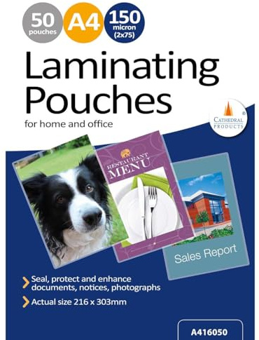 50 x A4 150 Micron Laminating Pouches with Crystal Clear Gloss Finish - Laminator Pouch Set for Home, Office, Business - Protect Important Documents, Posters, Images, Projects