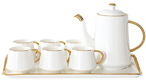RAABYU Tazas de café Juego de té de Porcelana Juego de Tazas de té y platillos Juego de té de 6 con Tetera con Borde Dorado Aniversario Cumpleaños