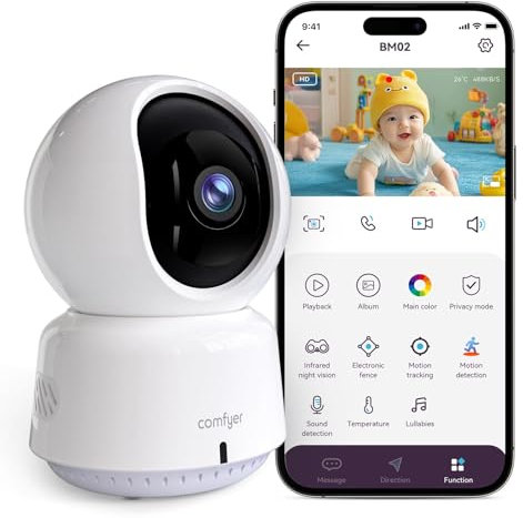 Comfyer Babyphone avec caméra 2K, Fonction Vox, capteur de température, Vision Nocturne, vidéo, 2,4 GHz, Veille Intelligente, interphone, berceuses, Longue durée de Vie de la Batterie