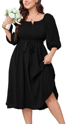 SCOMCHIC Women Plus Size Midi Dresses Puff Short Sleeve Square Neck Wedding Guest Elegant Flowy Belted A Line Dress, Black, XL Plus