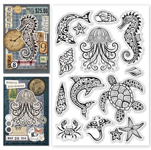 CHGCRAFT Mandala Meeresleben Clear Stamps Seepferdchen Seeschildkröte Delfin Qualle Transparenter Stempel Silikonklarer Stempel Siegel für Kartenherstellung DIY Scrapbooking Foto Dekoration