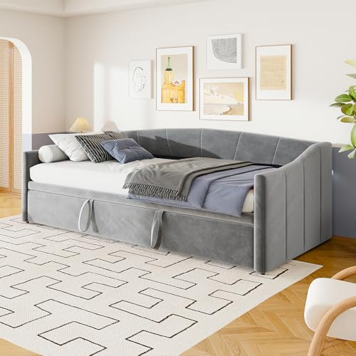 Teahutty 3-in-1 Schlafsofa, ausziehbar, Samt, ausziehbar, mit Stauraum, Moderne Couch, Kleiner Zweisitzer, ideal für Wohnzimmer, Schlafzimmer, Wohnung, Büro, Grau, Beinhaltet Keine Matratze