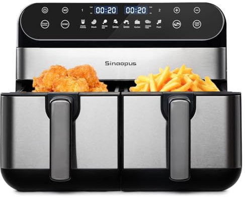 Sinaopus Heißluftfritteuse 2 Kammern,Dual Zone Heißluftfritteuse 10L – Doppelkammer XXL 2400 W, LED-Touchscreen, 8 Programme, Friteuse Heissluft ohne Öl, Airfryer mit 2 Körben(10L)